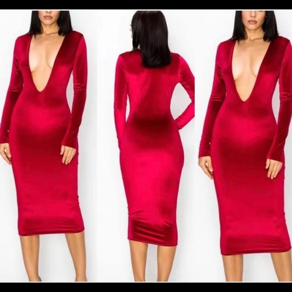 🔥🔥🔥‼️ RED VELVET DEEP V-NECK STRETCH BODYCON DRESS Valentine's Stunner! 💕😍 - Picture 4 of 4